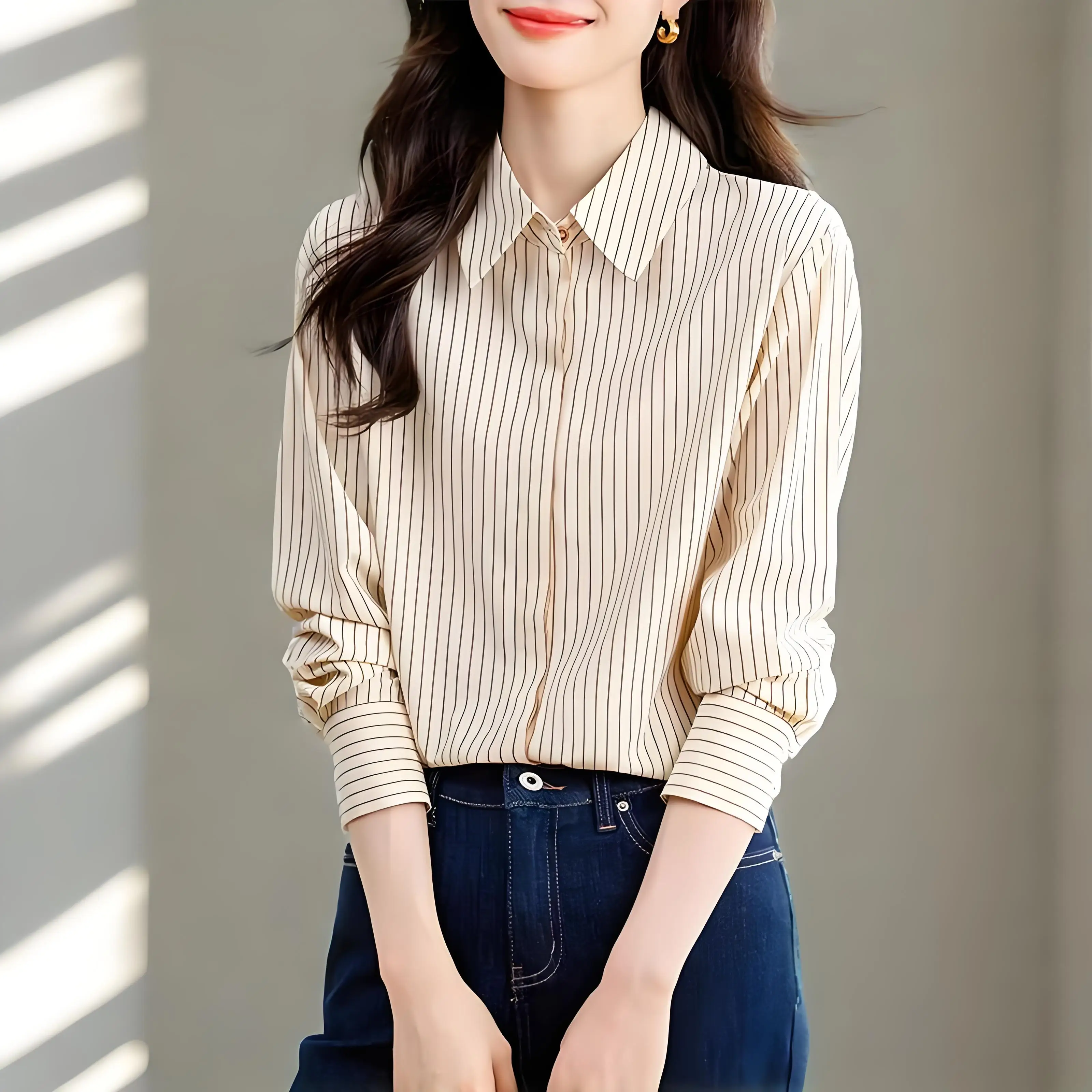 

Классические полосатые рубашки во французском стиле, женская офисная одежда с длинными рукавами, официальные блузки, повседневные топы