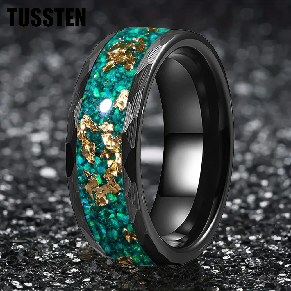 TUSSTEN 8mm Engagement Wedding Band for Men Women Gold Foil and Opal Chip Inlay Black Hammered Tungsten Carbide Ring