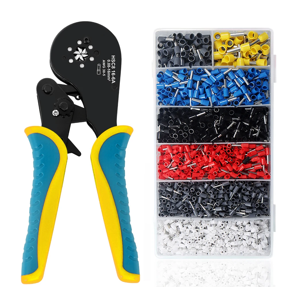 Ferrule Crimping Tool Kit,WOZOBUY 16-6N Square Crimping Tools, Ratchet Jaw Wire Crimping Pliers AWG 28-5 (0.08-16mm²)