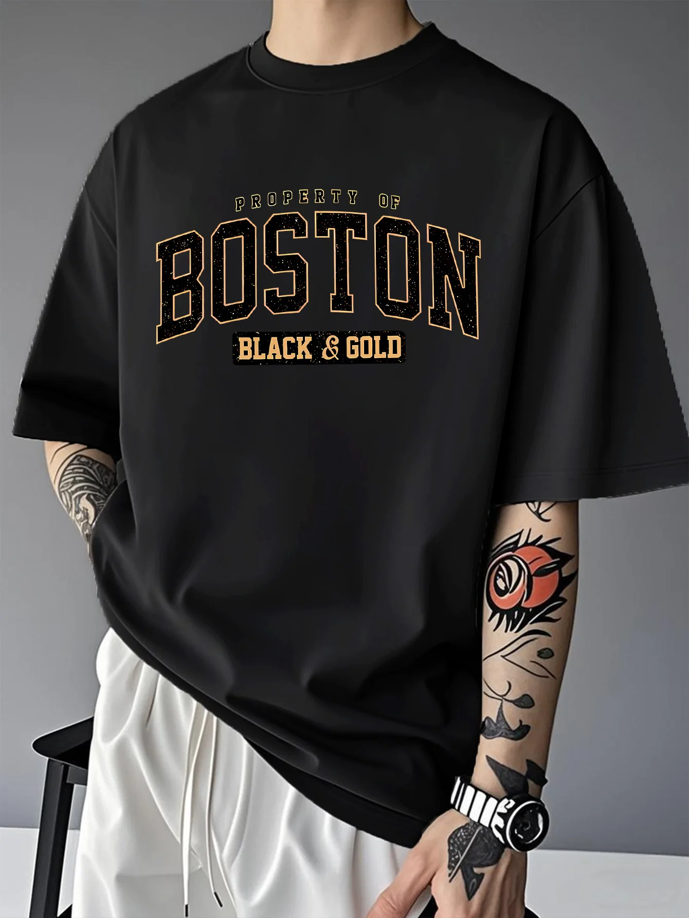 Vintage Boston Black And Gold Graphic Mens T Shirt Varsity City Letter Short Sleeve Crew Neck Cotton Tee Street Casual Top