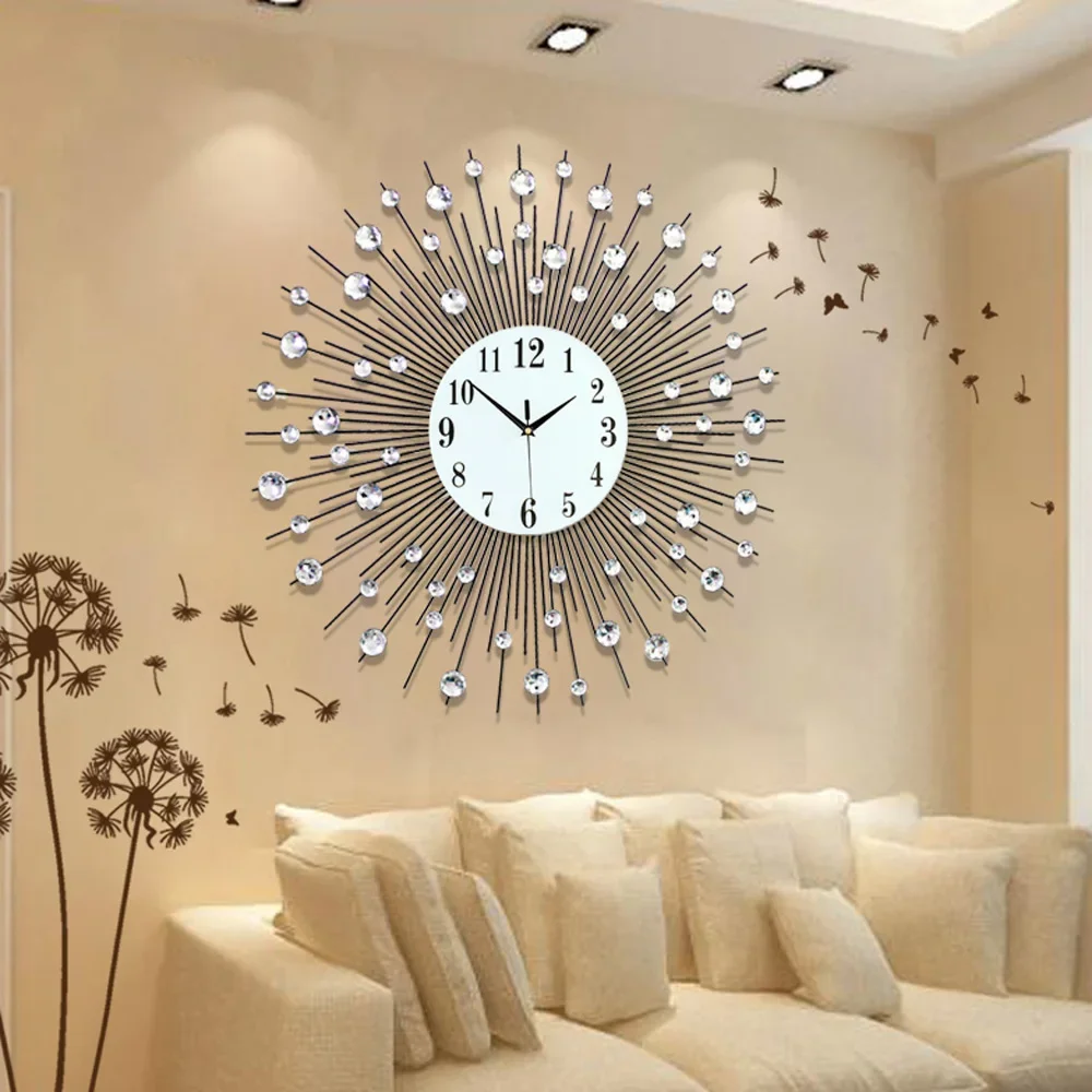

Modern Wall Clock Vintage Metal Crystal Sunburst Luxury Diamond Quartz 60cm
