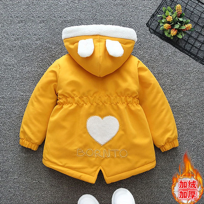 2024 Autumn Winter Thick Warm Girls Jacket New Fashion Love Pattern Kids Windbreaker Coats For Girl Hooded Outwear Birthday Gift