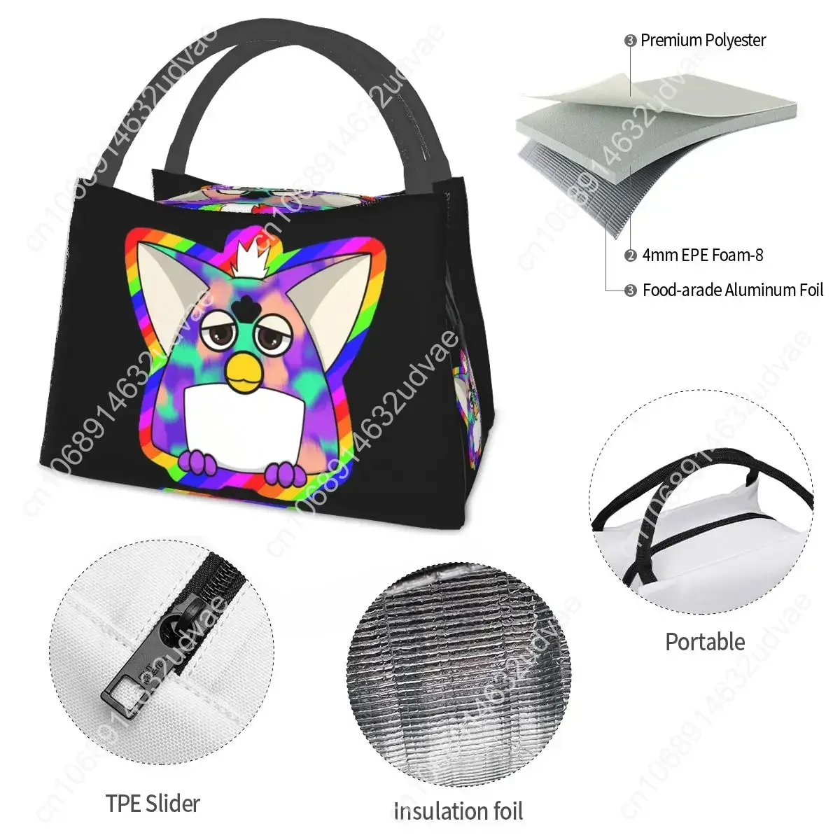 เกย์ Tye Dye Furby Relaxed Fit ถุงอาหารกลางวันกล่อง Bento ฉนวนแบบพกพา Tote กระเป๋าปิคนิค Cooler กระเป๋าเก็บความร้อนสําหรับหญิงสาว