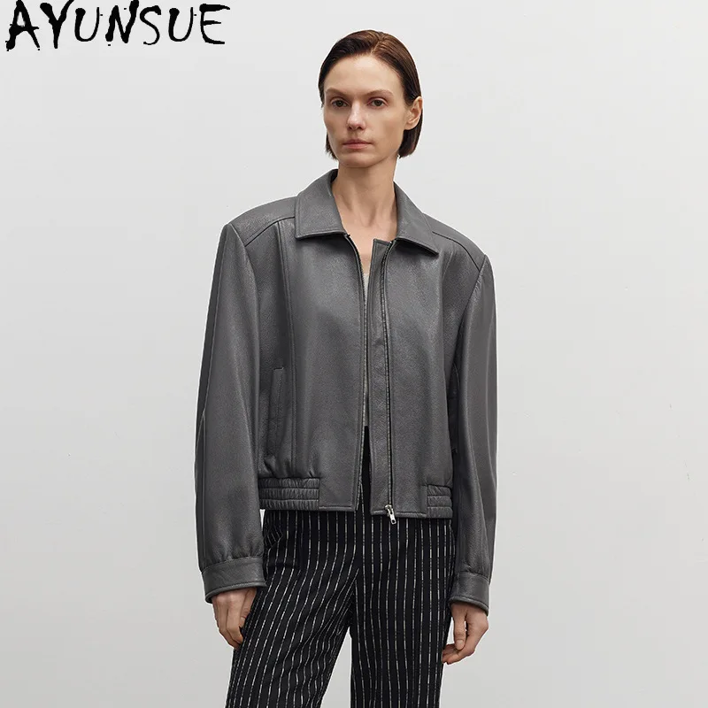 AYUNSUE Echtes Ziegenleder-Echtlederjacke für Damen 2025, schwarze Damen-Motorradjacken, Frühlings- und Herbstkleidung Nadalха Ж Espero