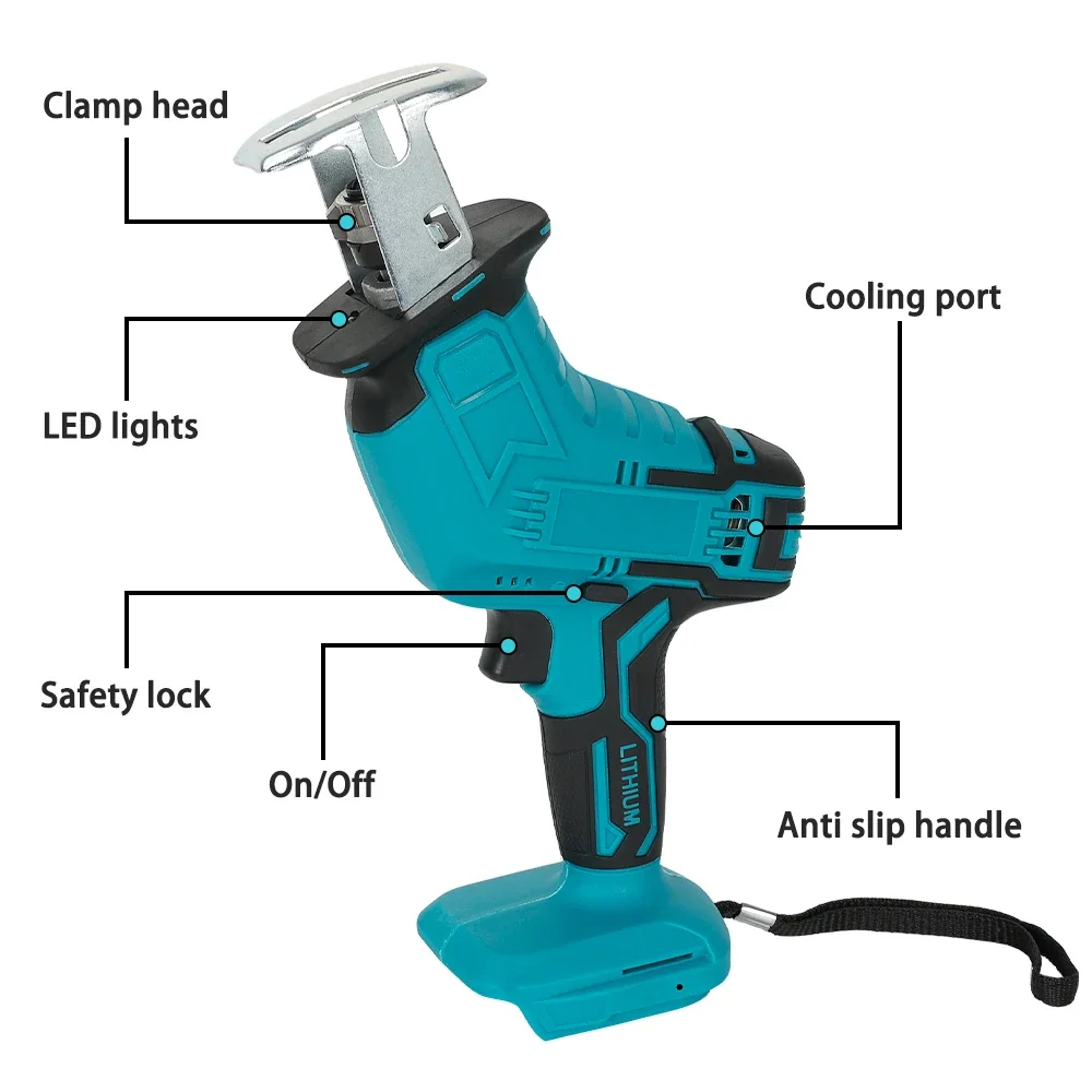 18V Electric Reciprocating Saw Cordless Portable Chainsaw Variable Speed Metal Wood  Pipe Cutting  Power Tool For Makita Battery