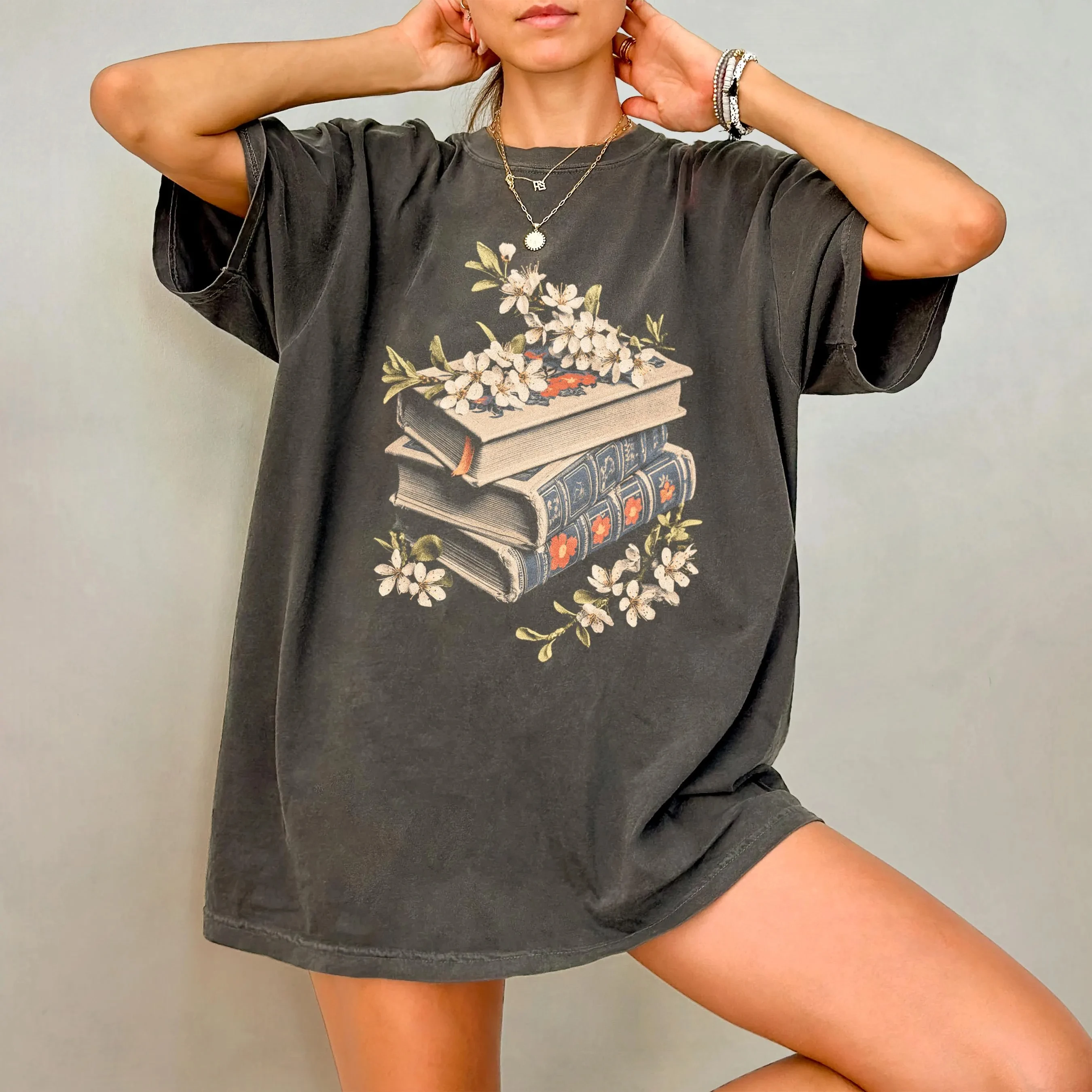 Summer Women's Vintage Floral Book  T-Shirt Unisex Cotton and Breathable Short Sleeve Streetwear Oversized Loose Casual