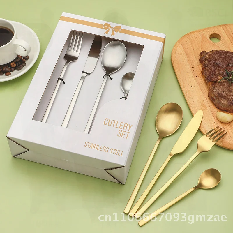 

Stainless Steel 430 Cutlery Set Modern Minimalist Matte Sanding Square Handle Knife Fork Spoon Window Box Western Tableware Gift