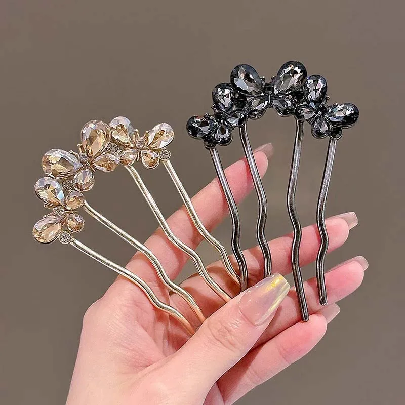 

Luxury Rhinestone Butterfly Hair Stick For Women Vintage Elegant Metal U-Shaped Flower Hair Pin Combs Bun Hair Accessories