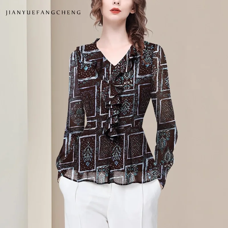 Vintage Geometric Patterns Printed Women' Chiffon Blouse Long Sleeve V-neck Ruffles Casual Working Tops Slimming Shirt