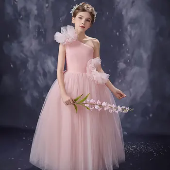 Elegancka różowa sukienka dla dziewczynki Jill Wish D353, z jednym ramieniem, z kwiatami, idealna na wesela, urodziny, tiulowa suknia balowa księżniczki, formalna sukienka dla dzieci.