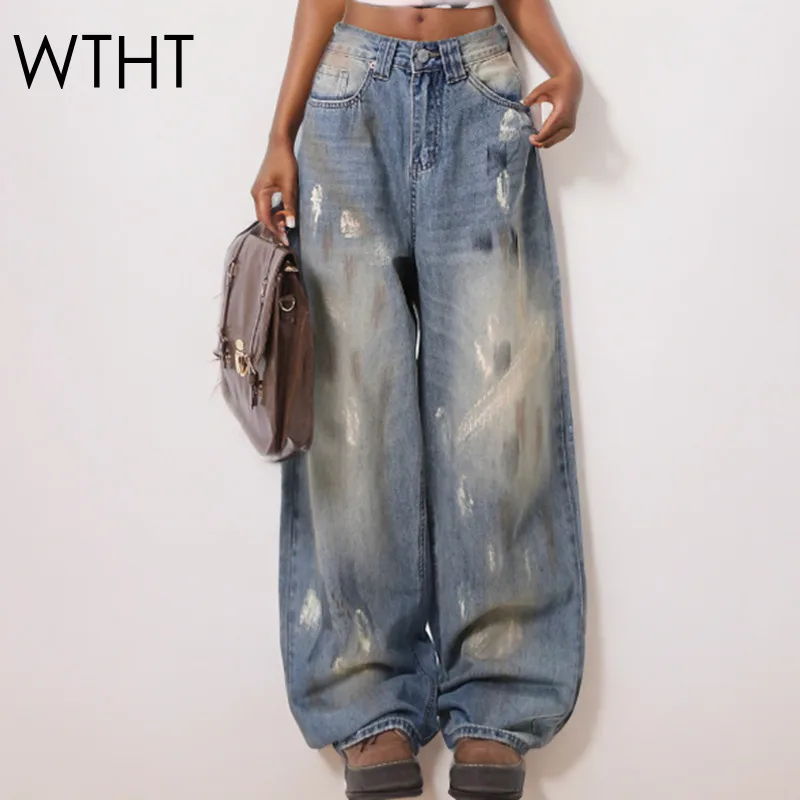 

WTHT New Fashion Women's Irregular Graffiti Denim Pants Vintage High Waisted Straight Wide Leg Jeans Female 2025 Summer 1LS1360