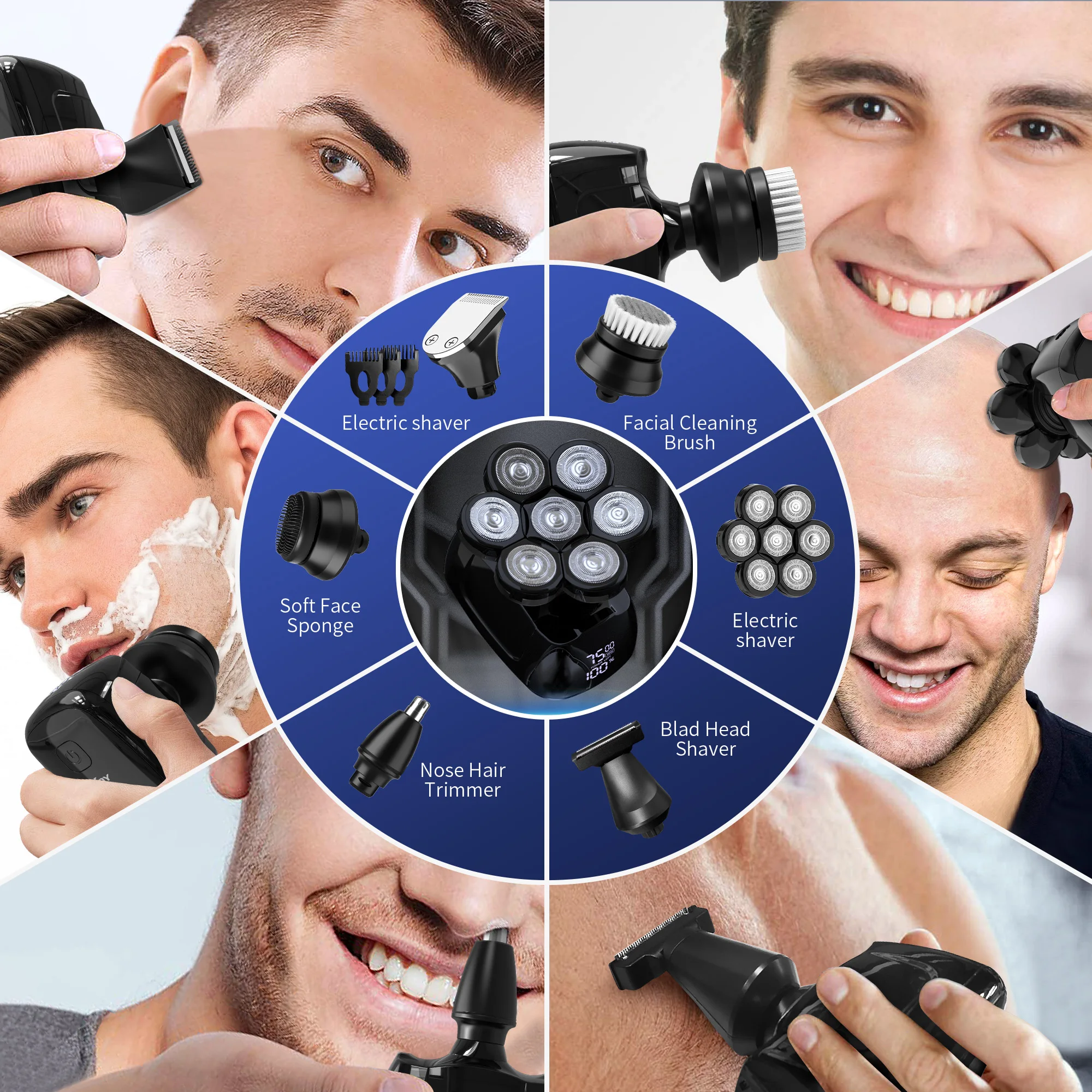 7D Head Shavers for Bald Men,5-in-1 Shaving Grooming Kit for Balder,Wet or Dry Electric Razor,LED Display/Type-C Charge Precision Blades Hair Clippers