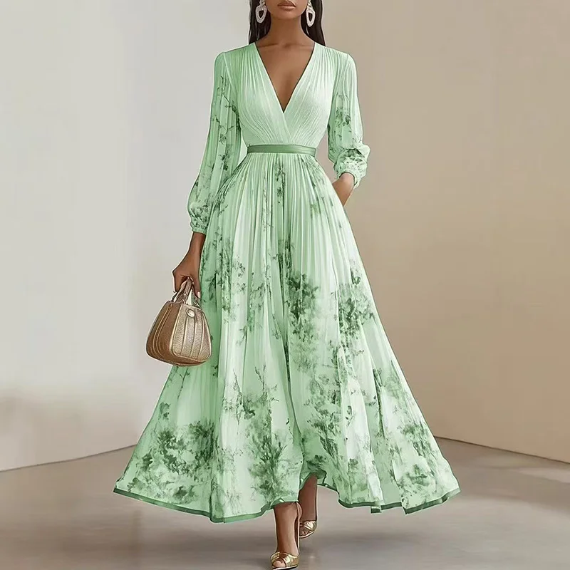 2025 Spring Long Sleeve Boho Maxi Dress Woman Elegant Floral Print A-Line Pleated Dresses Sexy Deep V Neck High Waist Long Dress