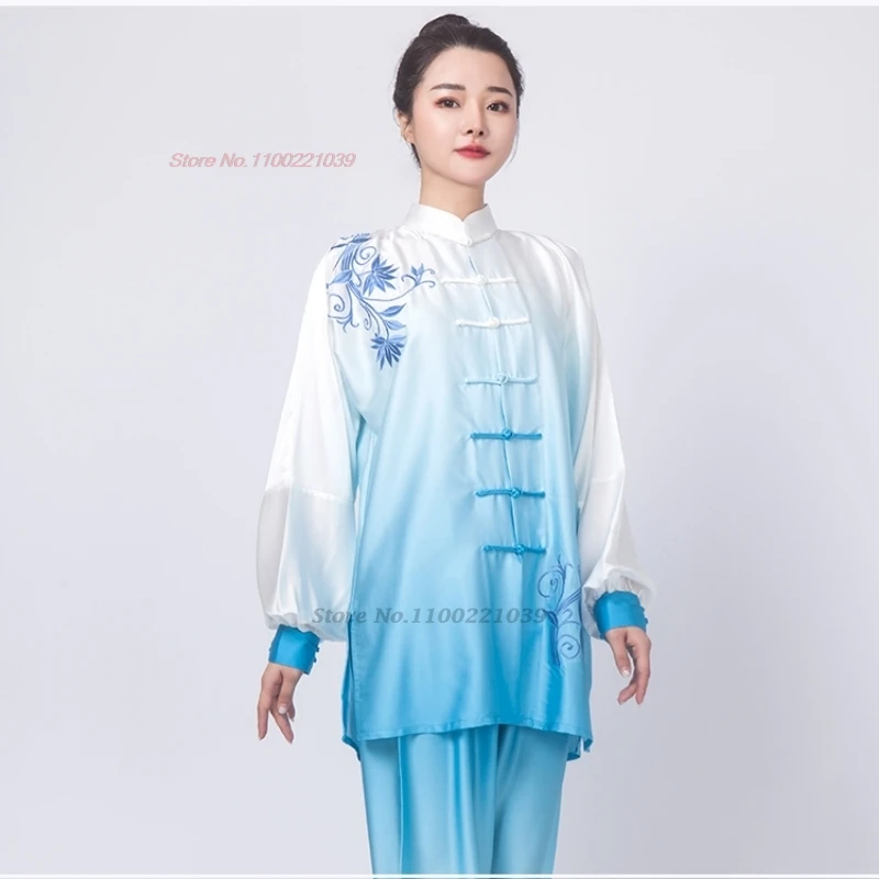 2024 chinese tai chi wushu uniform satin flower embroidered kung fu suit taijiquan martial arts wingchun morning practice suit