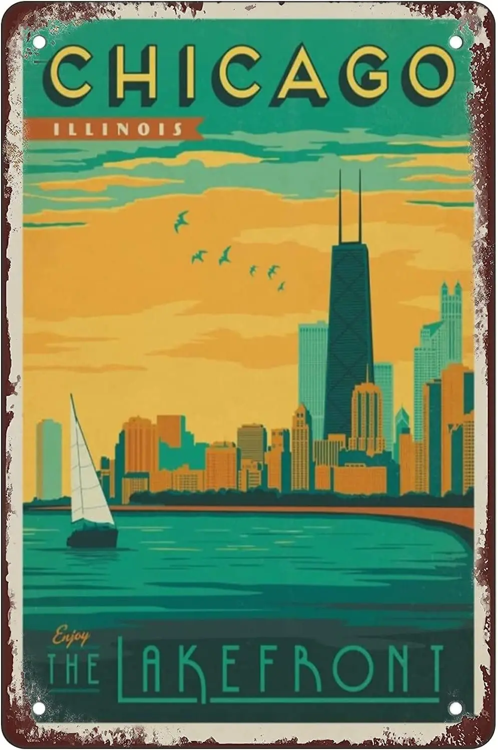 1p,Vintage Metal Tin Signs Chicago Lakefrontvintage Wall Decor Retro Art Tin Sign Funny Decorations for Home Bar Pub Cafe Farm R