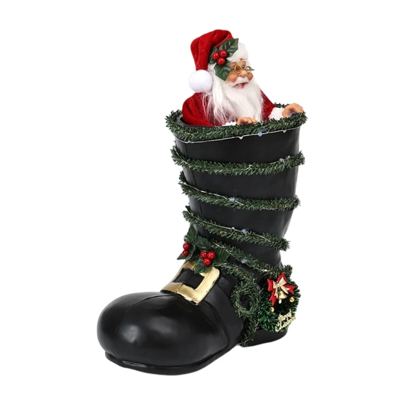 H8WB LED Christmas Boot Display, Battery Operated Santa Holiday Accent for Shelf, Entryway, and Retail Indoor Use, Black