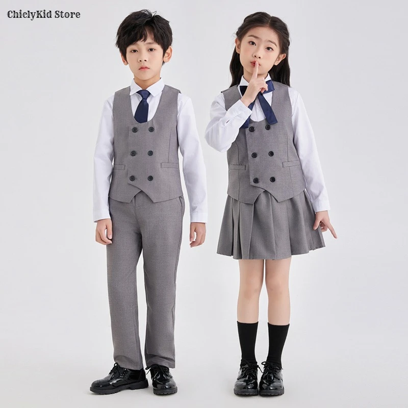 

Двубортный серый жилет для мальчиков, брюки, жилет для девочек, рубашка, юбка, комплекты одежды, торжественное платье, детские смокинги, детская школьная форма