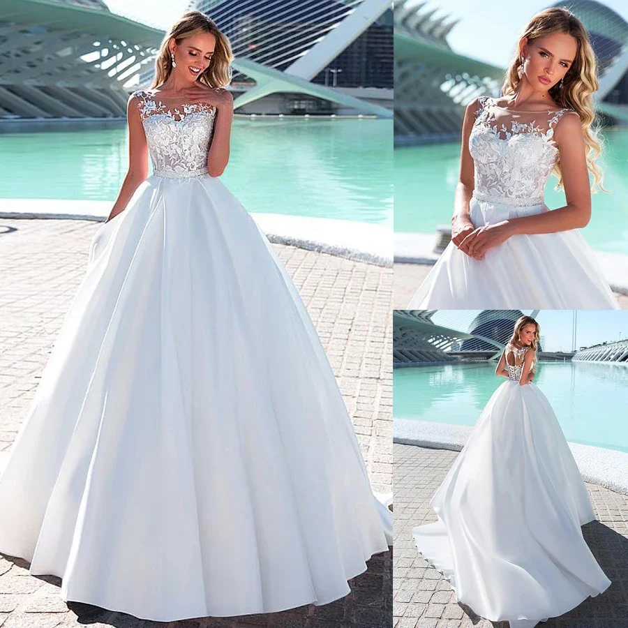 

Morden Tulle & Satin Scoop Neckline A-line Lace Wedding Dresses Beading Sash Lace Up Bridal Dress vestidos de casamento