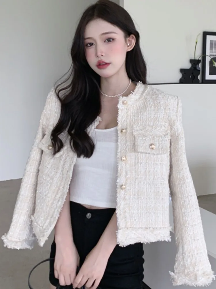 

Elegant New Tweed Short Jacket for Women Fall Clothes Chic Office Lady Fashion Button up Slim Coat Top Female Causual Outfits