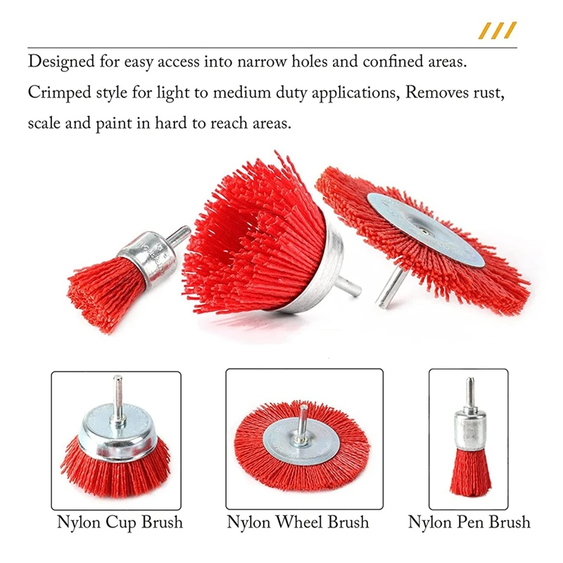 3 Piece Nylon Filament Abrasive Wire Brush Wheel & Cup Brush Set With 1/4 Inch Shank For Removal Of Rust/Corrosion/Paint