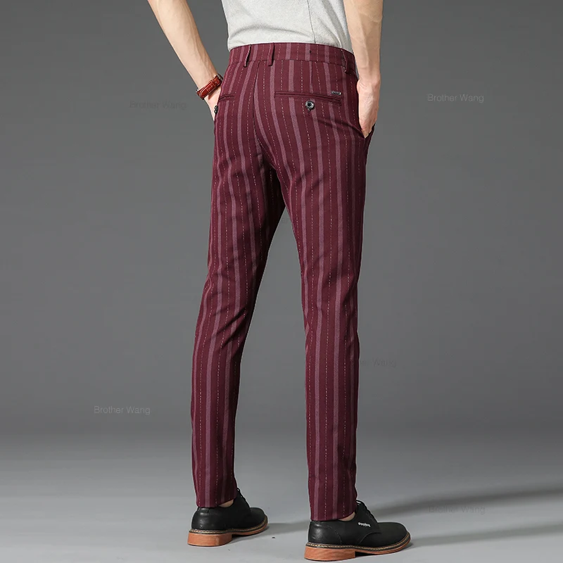 Brand Men\'s Striped Casual Pants Spring Comfortable Elastic Business Slim Straight British Fashion Trousers Black Khaki Wine Red