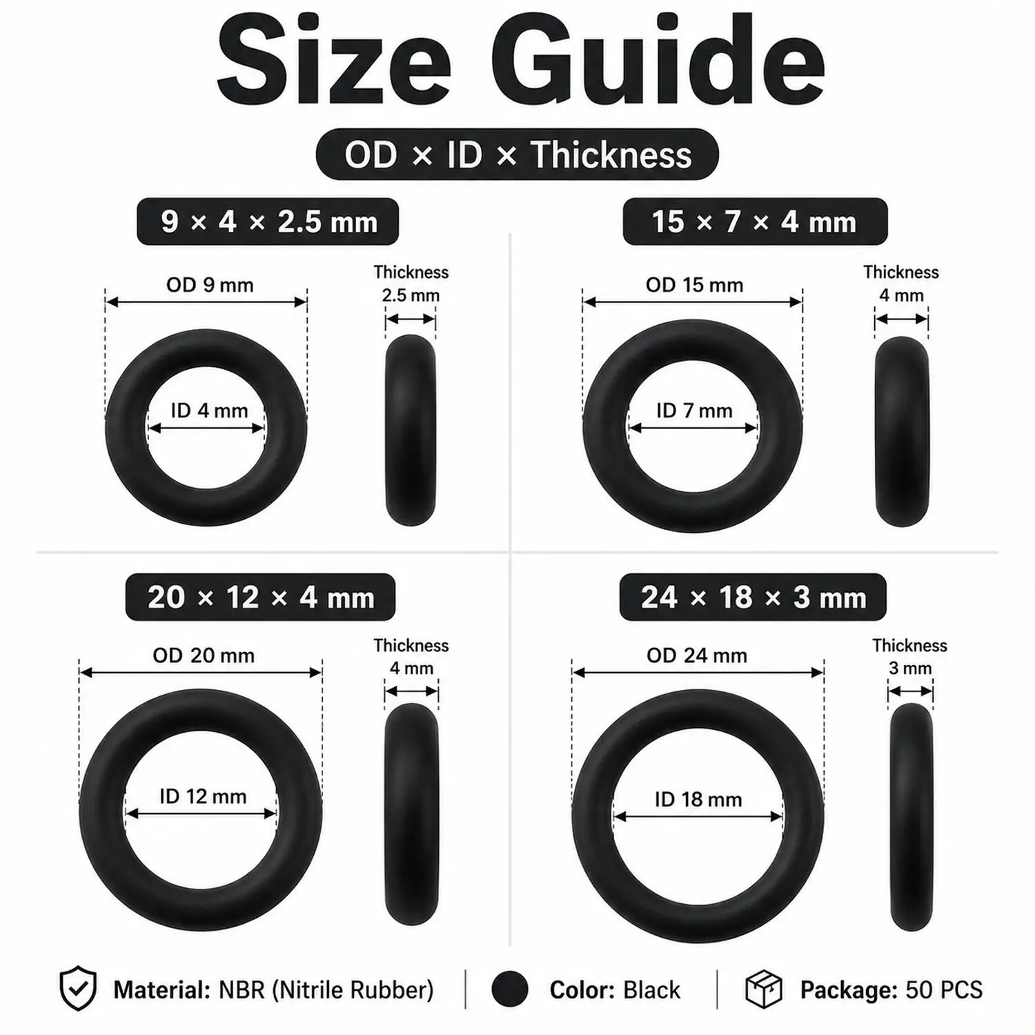 50Pcs Nitrile Rubber O-Rings Sealing Gasket, 2.5/3/4mm Thick OD 9/15/20/24mm Metric Seal for Automotive Machine Plumbing