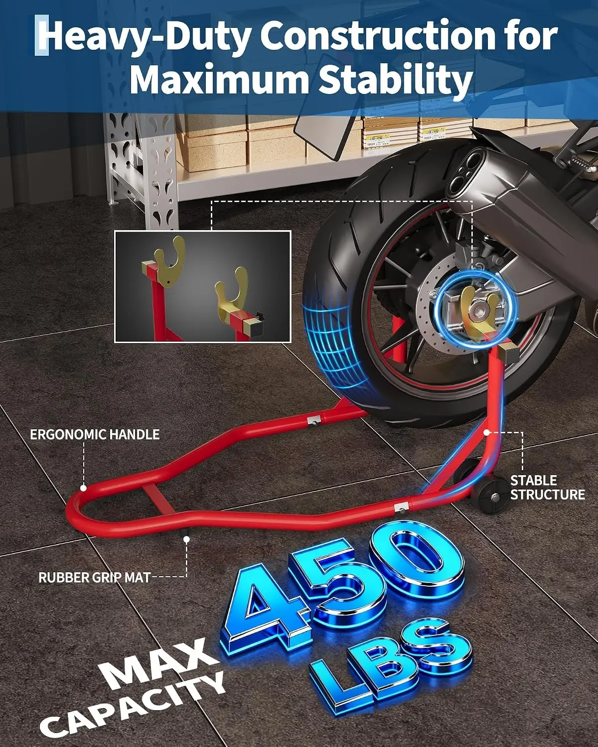 Tacleekii Motorcycle Stands 450 Lb Capacity Rear Wheels Lift Combo with U+l Adjustable Swingarm Spool, Heavy Duty Paddock Stands for Maintenance and Repairs