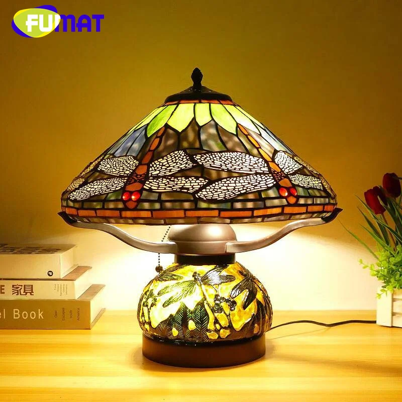 FUMAT Tiffany style stained glass American Dragonfly vintage desk lamp for bedroom bedside lamp study dining room LED decor