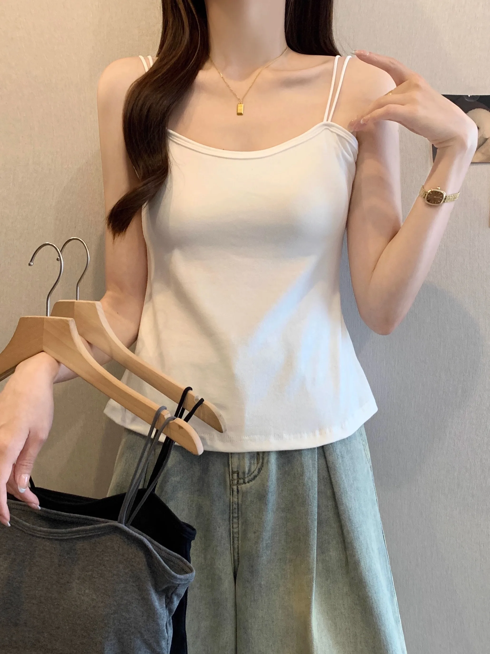 Pure Cotton Strap Vest Women's plus Size Slimming Inner Wear Outerwear Summer New Style Chest Pad Tank Top Base Layer Shirt