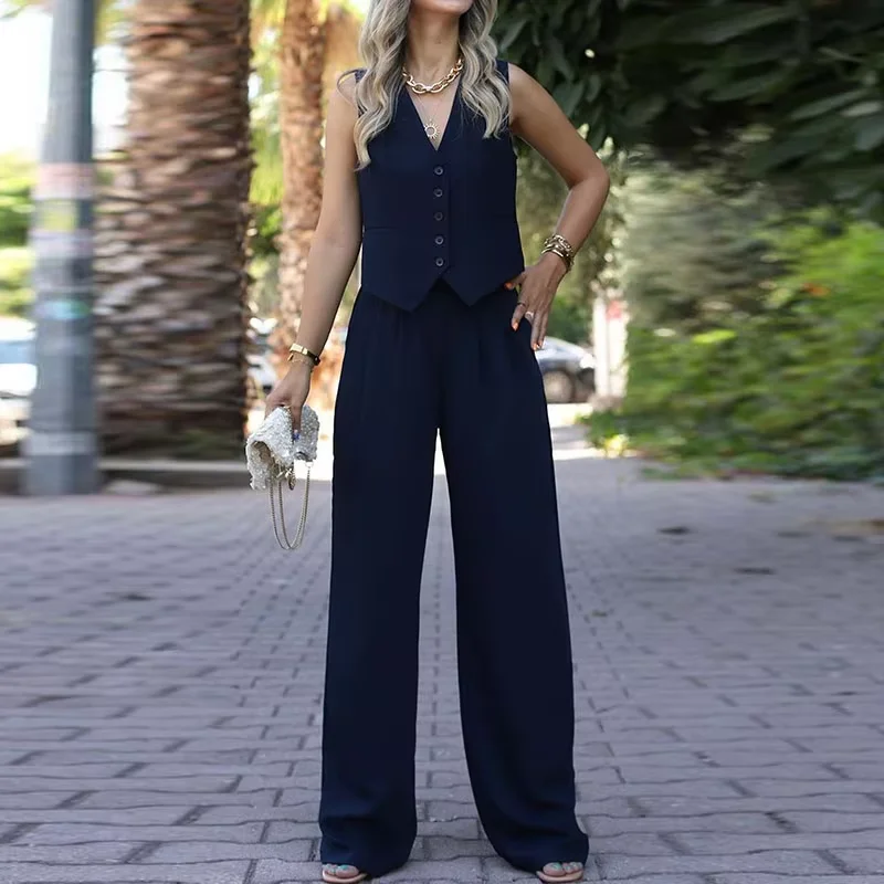 Spring Summer New V Neck Sleeveless Vest Wide Leg Pants Casual Sets Female Solid Color British Style Commute Suit Trousers Sets