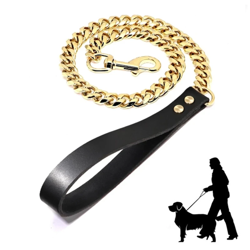 

19mm Width Gold Dog Chain Leash Metal Stainless Steel Pet Cuban Link Chain Lead Rope For Dogs