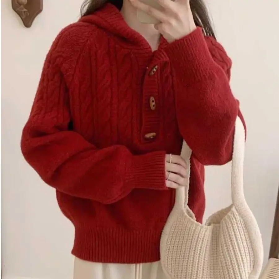 秋冬春新作 ヴィンテージ風 牛角ボタン フード付き 揚げパン風 ニット セーター コート 裏地付き ゆったり ウールニット