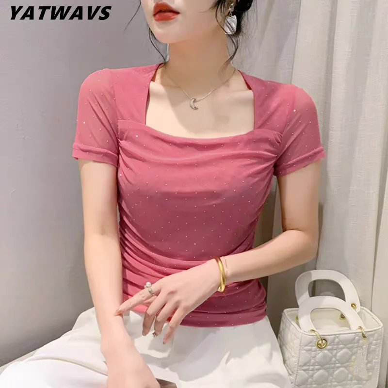 

New Summer Short Sleeve Square Collar T-shirt Fashion Girls High Elasticity Hot Diamonds Tees For Women Slim Mesh Tops Blouse