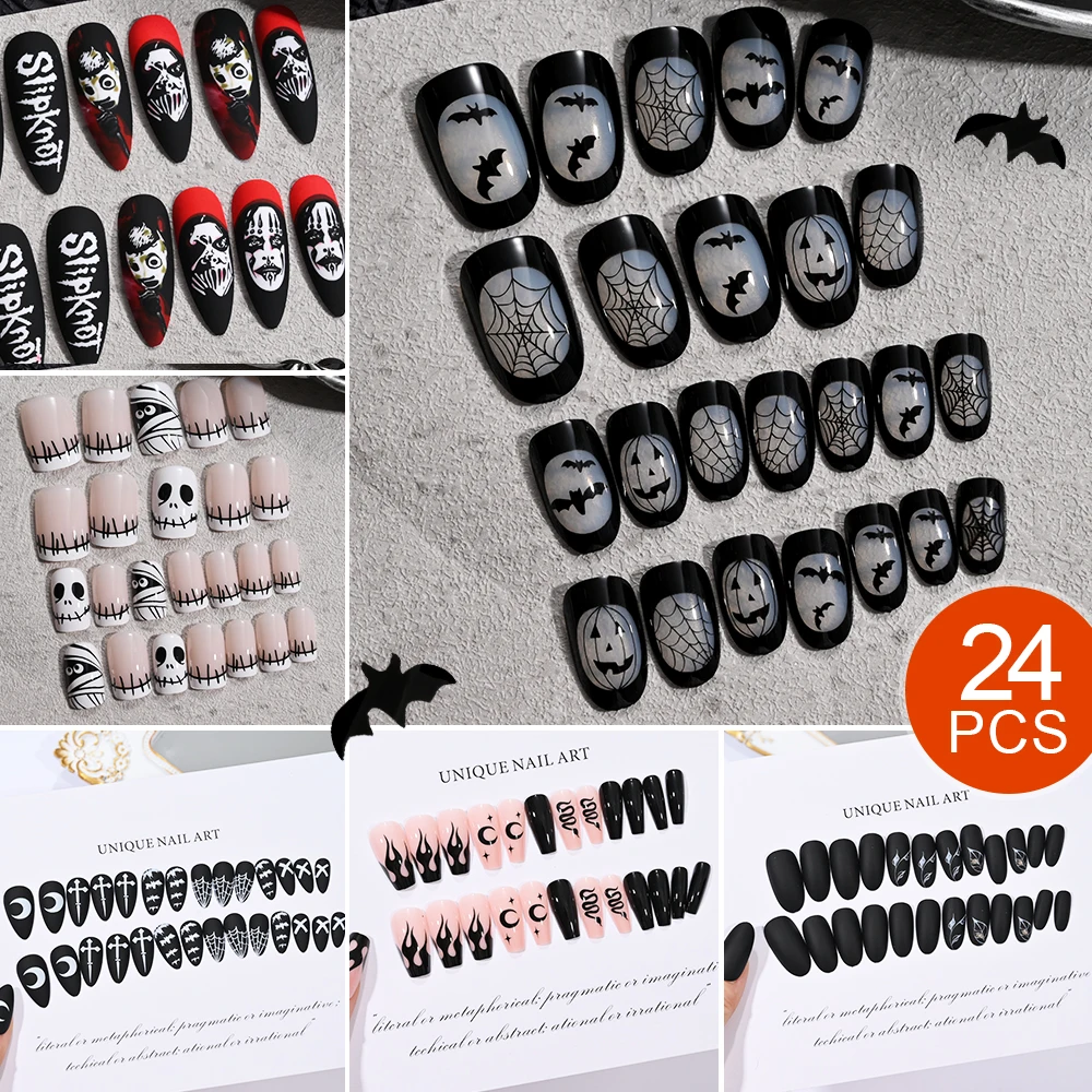 Press on Nails Halloween Medium Length Coffin Black Fake Nails Scary Mask Face Nail Tips Halloween Design 3D Glossy Acylic Nails