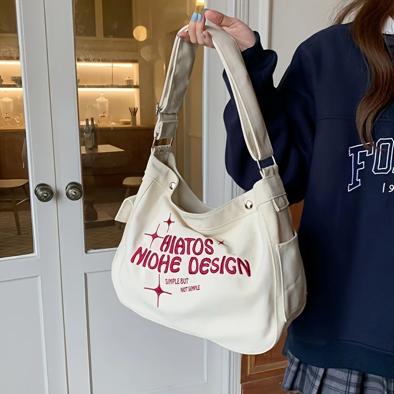 Canvas bag female college students class indolent wind large-capacity one-shoulder shoulder monogram embroidered tote bag