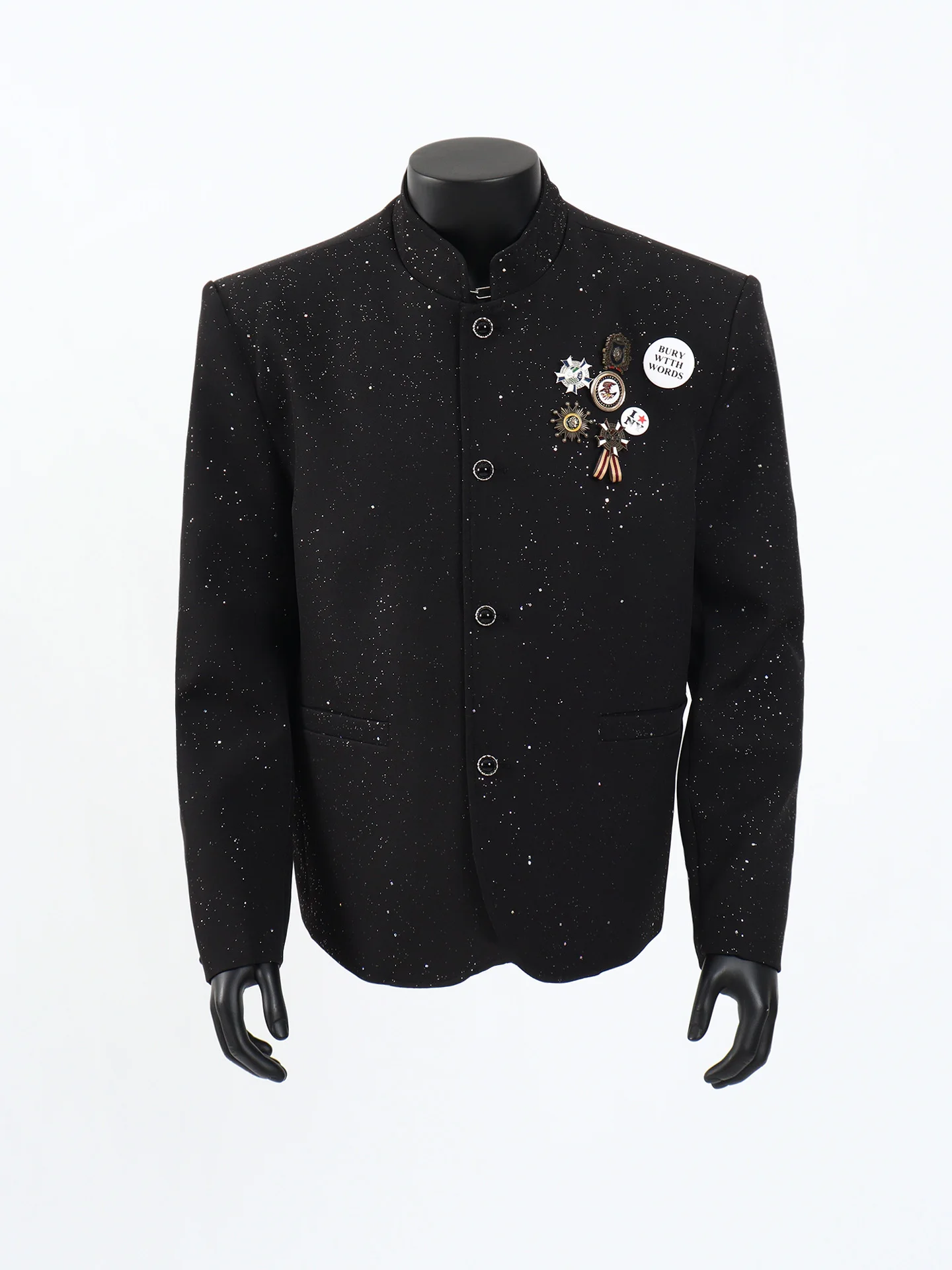 

Black Stand Collar Men's Suit Jacket with Badge Design Loose Fit Casual Style Long Sleeve Youth Fashion Autumn Collection