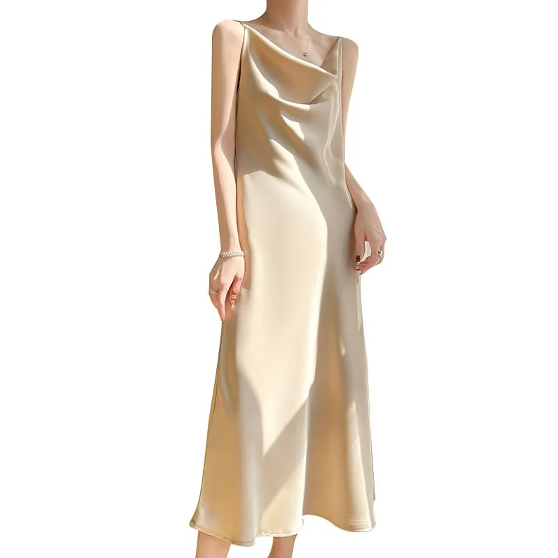 Ele Langer Acetat-Satin-V-Ne-Sexy-Träger-Dr-Anzug, Innenbekleidung, lässiger Pendler, lockere Taille, A-Linien-Rock, Dr