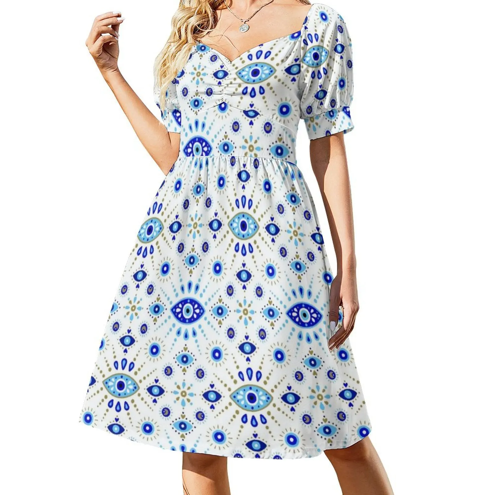نمط العين الزرقاء تركيا البوهيمي بلا أكمام فستان متعدد الطباعة عطلة الشاطئ فستان الحفلات العين محظوظ سحر تركيا عطلة #2