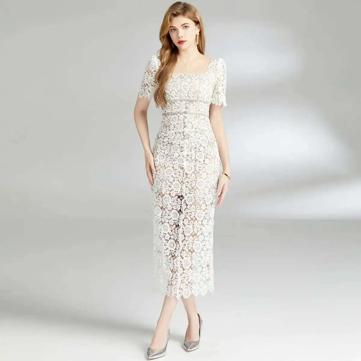 open lace back dress Sweetheart White Mermaid Prom Dresses Crystal Mermaid Evening Dresses main image 1