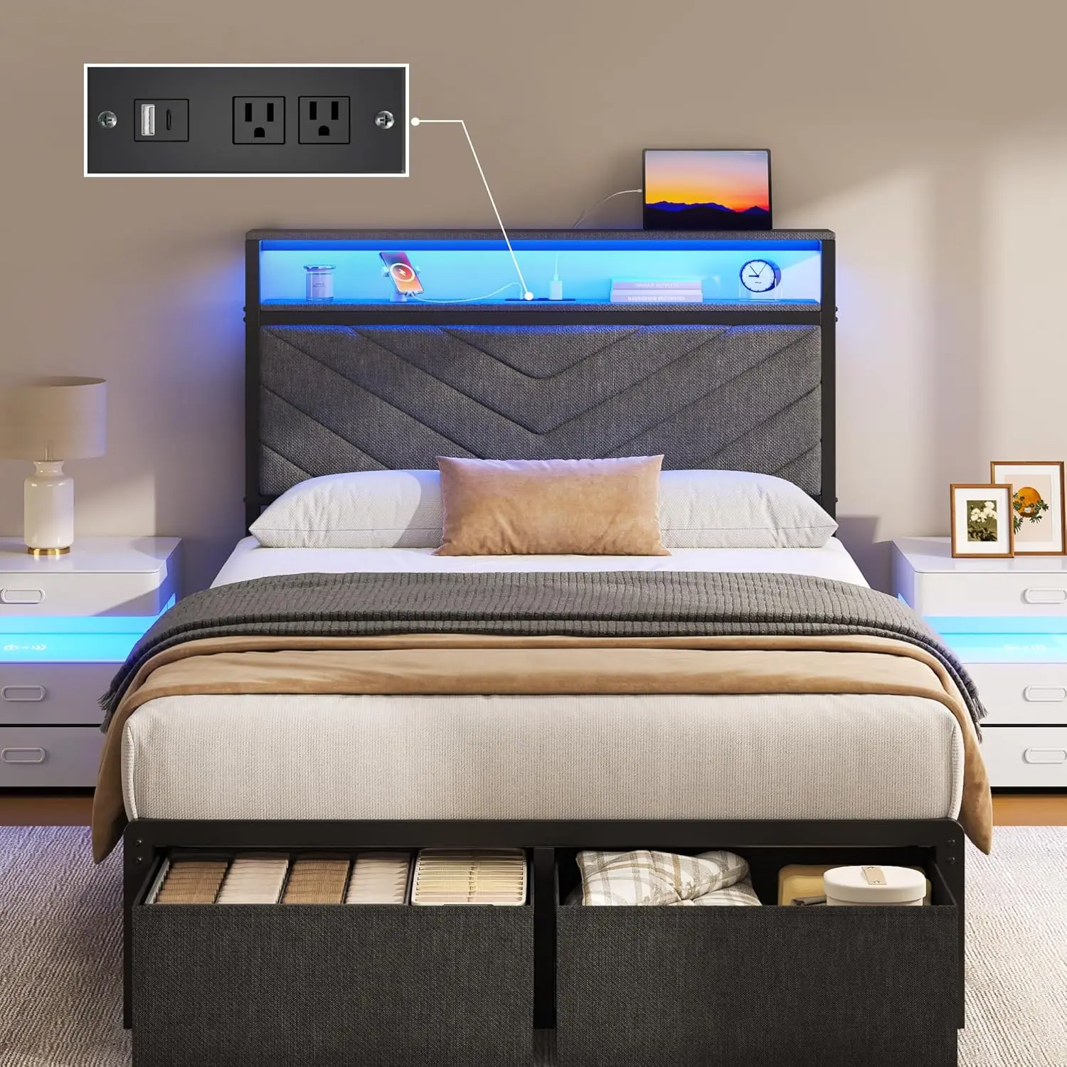 

Двуспальная кровать с ящиками для хранения, мягким изголовьем с зарядной станцией, светодиодной подсветкой, тканевыми ящиками, на заказ