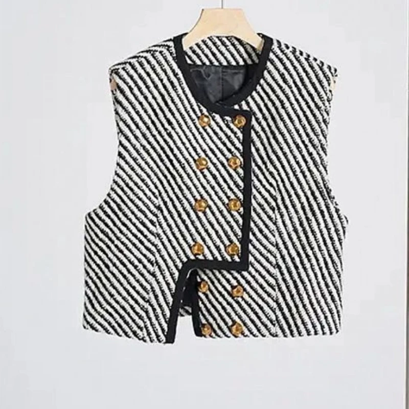 

Irregular Striped Short Vintage Vests Spring Autumn New Button All-match High Street Tops Temperament Fashion Women Clothing