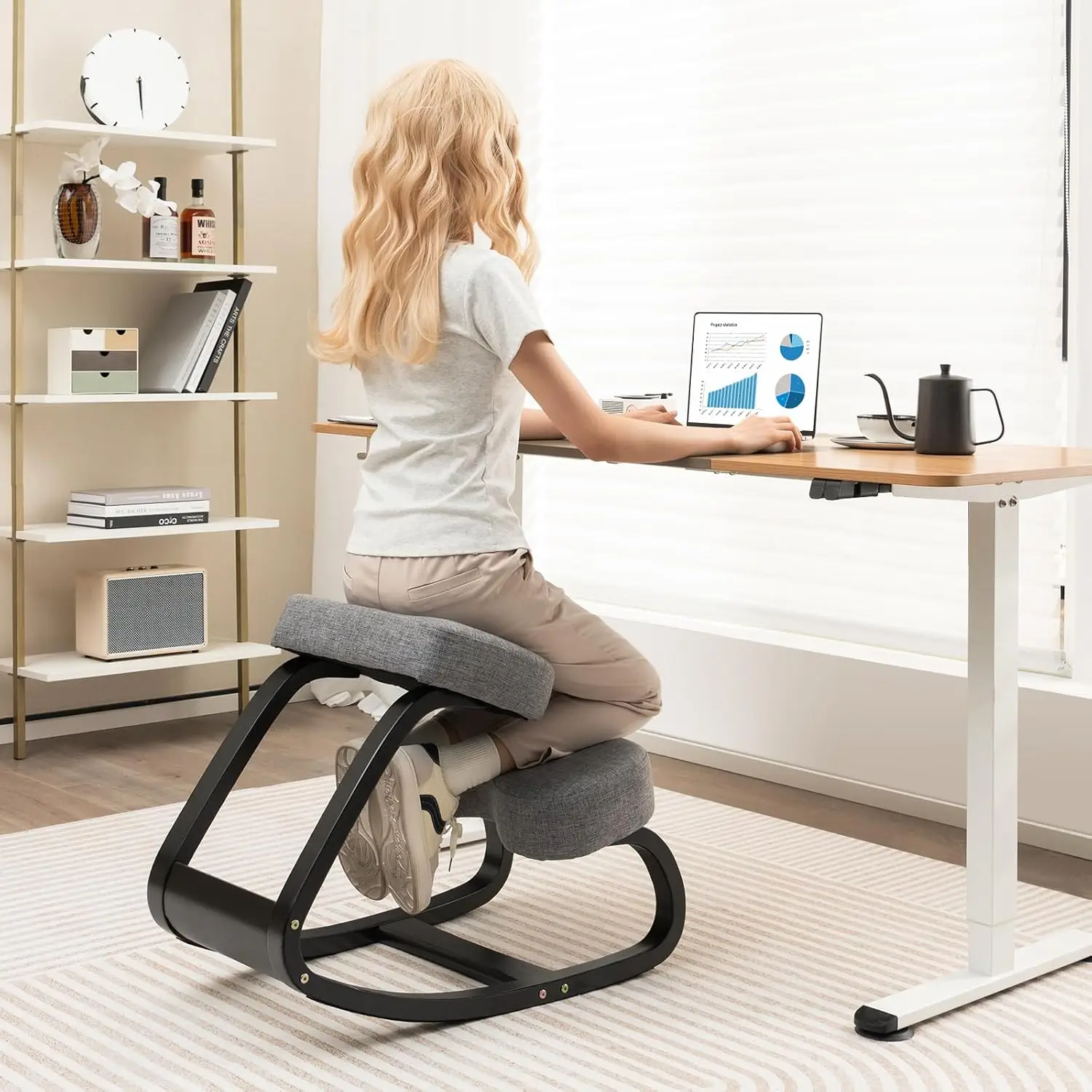 Ergonomic Kneeling Chair, Rocking Knee Chair For Upright Posture, Home Office Ergo Kneel Support Stool, Relieving Ba And Ne