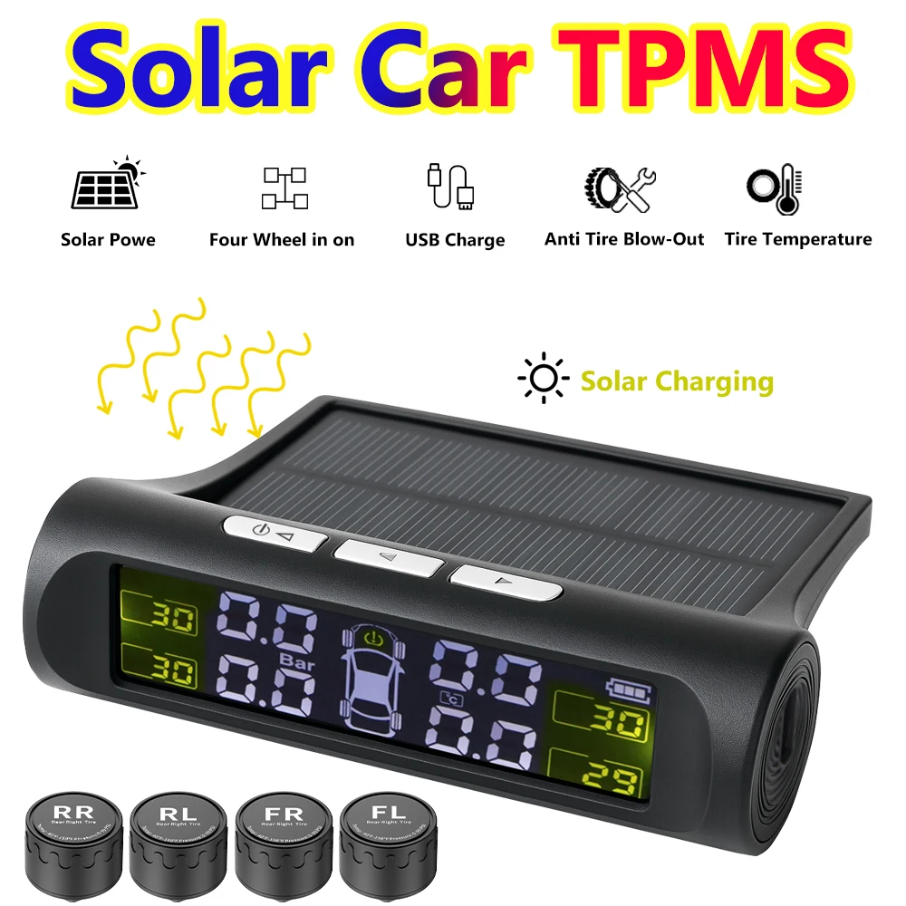 Car Solar TPMS Tire Pressure Security Alarm Systems Tyre Temperature Monitor Monitoring 4 Exteral ​Auto Accessories Universal