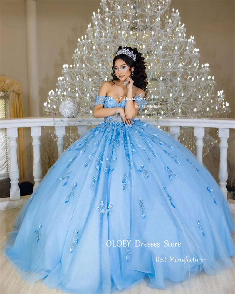 OLOEY Luxury Blue Ball Gown Quinceanera Dresses Off Shoulder Sleeves Tulle Dubai Wedding Dress 15-16 Sweet Gilrs Party Dress