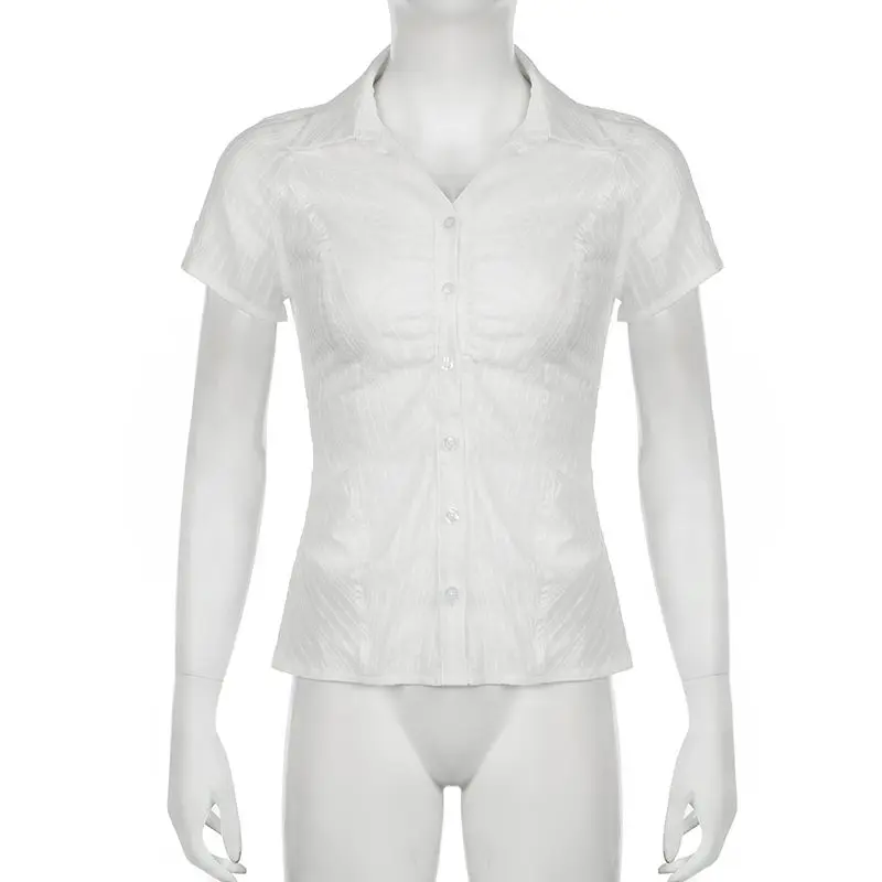 Shirt French Style Button-Up Blouse Tighten The Waist Women Chic Elegant Striped Short Sleeve Shirt Summer Streetwear Ladies