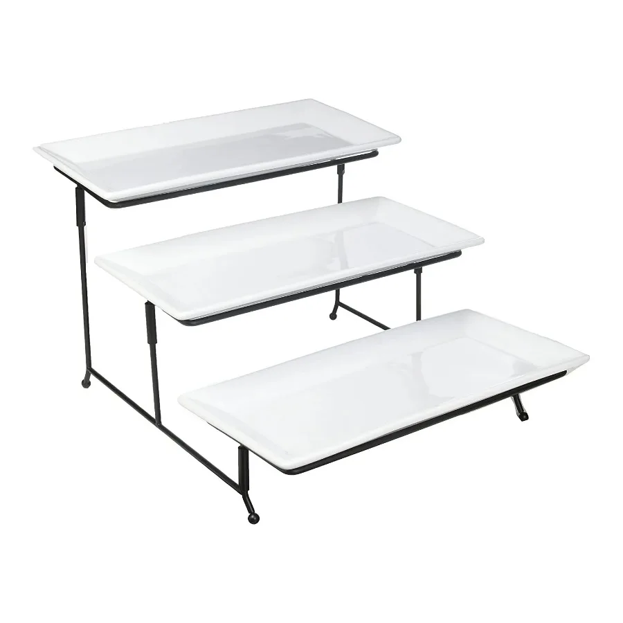 

3 Tier Serving Plate Set with Metal Stand in White，Plates are dishwasher, microwave, and oven safe