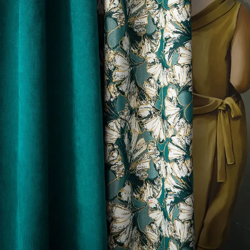 

American Retro Jacquard Color Blockout Curtains Green Ginkgo Stitching Curtains for Living Dining Room Bedroom Customization