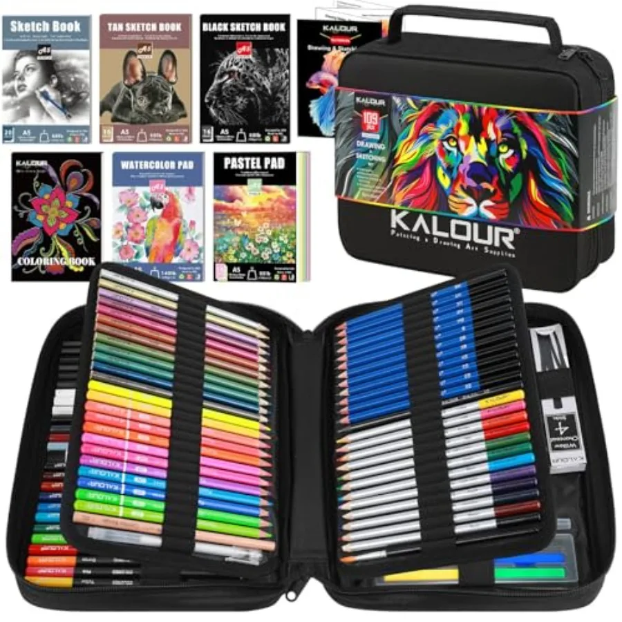 109 Drawing Set Sketching Kit, Pro Art Supplies with Fluorescent, Colored, Watercolor, Metallic, Graphite, Charcoal Pencils, 5