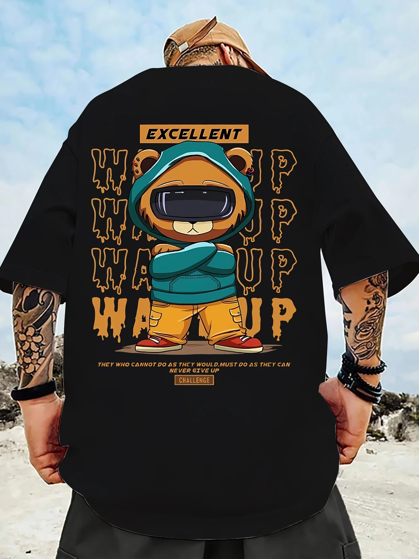 

Men's Summer Short Sleeve Graphic T-Shirt with Cartoon Bear Design & Motivational Typography - Lightweight