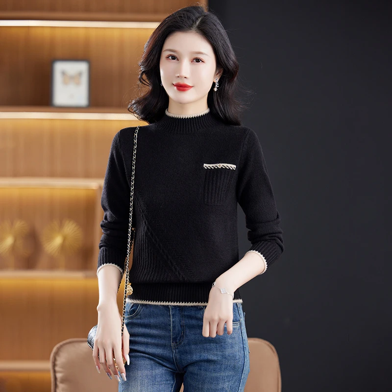 

Женский вязаный свитер премиум-класса без катышков Dongguan, осенний антивозрастной новый базовый слой с длинным светом Crew Ne